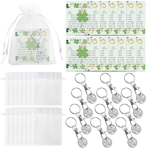 LUYIEDHA Lot de 12 porte-clés porte-bonheur avec 12 porte-clés cadeau trèfle à quatre, 12 cartes de bonne chance, 12 sac en filet, emploi nouvel an pour femme petite amie collègue
