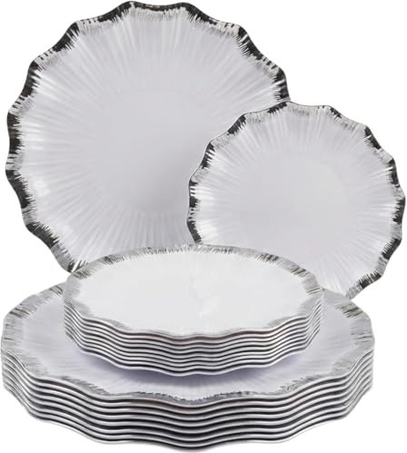 Luxia - Set di 20 eleganti piatti riutilizzabili in plastica bianca con bordo metallico argentato, 10 piatti piani e 10 piatti da dessert, eleganti stoviglie per feste ed eventi