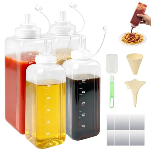 BATHRINS 4 bottiglie da schiacciare da 1000 ml e 600 ml, in plastica, con tappi, anti-perdite, con scala graduata, etichette, spazzole e imbuto, per ketchup, salse affilate, olio d'oliva