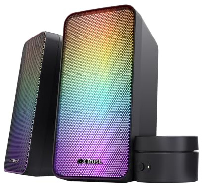 GXTrust Ezaro PC Speakers 2.0 with RGB Lighting and Volume Control, Black | LED Lights, AUX and USB Cable, 12W, Stereo, for Gaming Setup Desktop Laptop