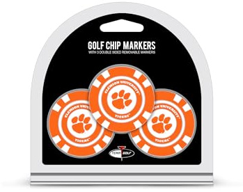 Team Golf NCAA Clemson Tigers 3 Pack Golf Chip Ball Markers, Poker Chip Size with Pop Out Smaller Double-Sided Enamel Markers