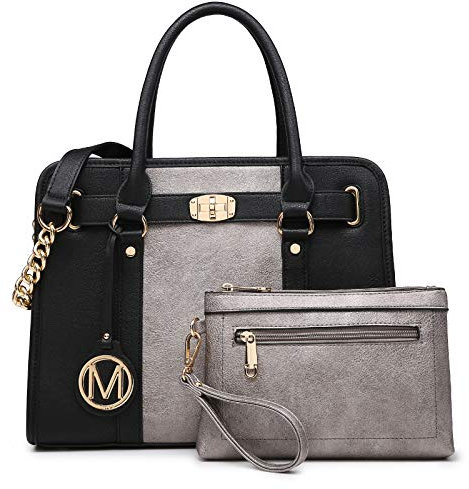 Marco M Kelly Damen Satchel Handtaschen Top Griff Stilvolle Geldbörse Veganes Leder Schultertaschen für Frauen Brieftasche Set, 02-6949-Silber/Schwarz, Large