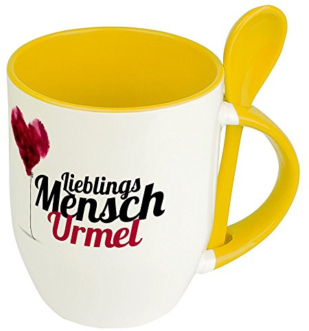 printplanet Löffeltasse mit Namen Urmel - Motiv Lieblingsmensch - Namenstasse, Kaffeebecher, Mug, Becher, Kaffeetasse - Farbe Gelb