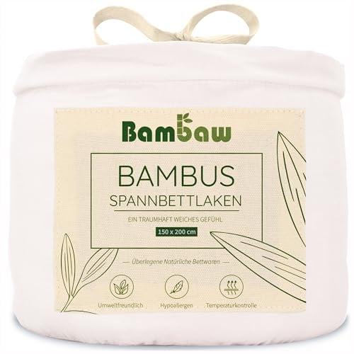 Bambaw Bambus Spannbetttuch 150 x 200 cm, 35 cm Steghöhe, nachhaltige Bettwäsche Bambus, Spannbettlaken Sommer kühlend, hautfreundliche Allergiker-Bettwäsche, Spannbettlaken 150x200cm (Weiß)