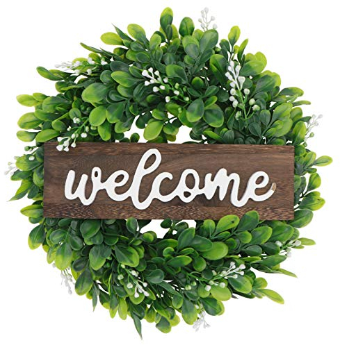 YARNOW Frühling Willkommensschild Künstliche Eukalyptus Kranz Blätter Girlande Hochzeit Türkranz 33cm Holz Wandkranz Willkommen Türschild für Wohnzimmer Wanddeko Ostern Haustür Deko
