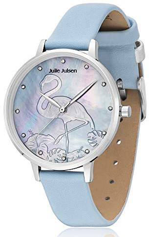 Julie Julsen Damen Quarz Armband-Uhr aus Edelstahl mit Leder Band - Flamingo Blue - JJW1006SL-01