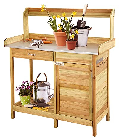 FQMYLTYN Holz Pflanztisch Umtopftisch Praktischer Pflanztisch mit Metall Arbeitsfläche, Schrank, Schiebeschublade und Haken, Ablageboden, 101,6x41,4x125cm, Natur