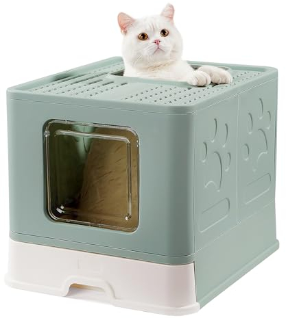 Pawsayes Katzentoilette Mit Abdeckung XXL, Katzenklo Oben einstieg mit Löchern im Deckel für Große Katzenrassen oder Muti-Katzen (Grün)
