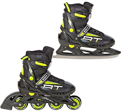 RAVEN Profession Inlineskates Inliner für Kinder und Erwachsene OPTIONAL 2in1 mit Schlittschuhen verstellbar (Black/Lime mit Kufen, 35-39 (23cm-25,5cm))