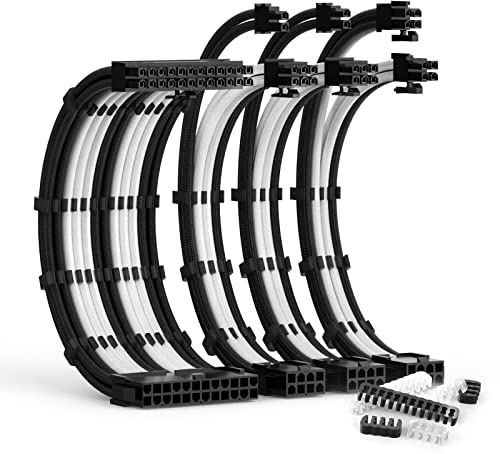 ABNO1 PSU Cable Extension Kit with Two Sets of Cable Combs 1x24Pin/1x8Pin(4+4) EPS/2x8Pin(6P+2P) PCI-E/ 30CM Length,PC Sleeved Cable for ATX Power Supply(Black/White)
