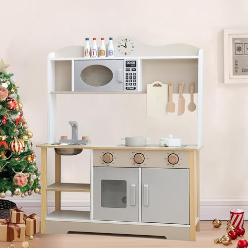 Kids Play Kitchen, Wooden Toy Kitchen Cooking Set with 12 Pcs Kitchen Accessories, Children Pretend Role Play Kitchen for Boys and Girls 3+ Years Old