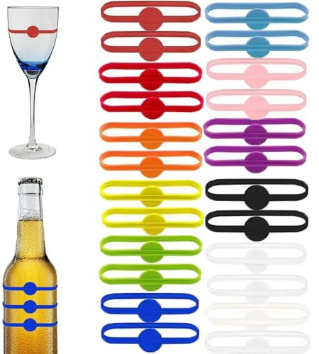 Stretchable Drink Markers 24pcs, Wine Glass Markers, Drink Identifiers for Glasses Cup, Beer Bottle, Mug, Jar, Cocktail Glass, Drink Labels for Party, Silicone, No Gemstone