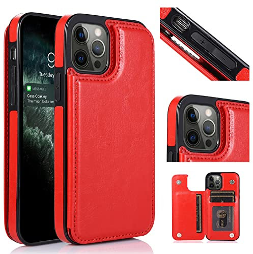 UEEBAI Wallet Case for iPhone 14 6.1 inch, Slim PU Leather Case with Card Slots Kickstand Magnetic Clasp Durable Shockproof Flip Folio Cover - Red