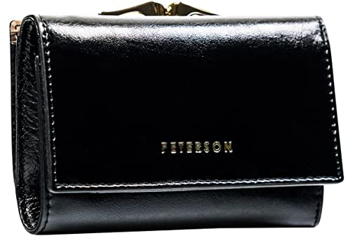 Peterson | Damenbrieftasche | Kompakt | Geräumig | 5 Kartenfächer | Geldscheinfach | Münzfach | Naturleder | Elegant | RFID-System (SCHWARZ)