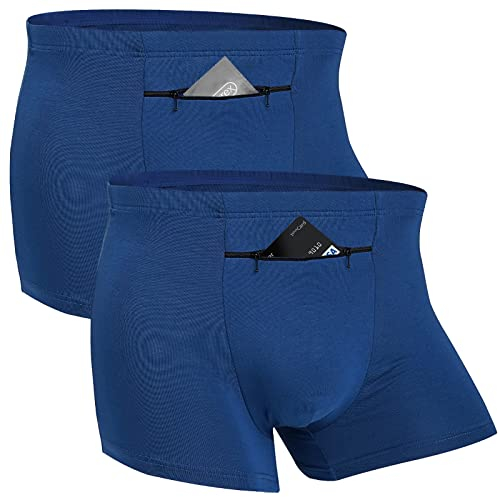 2 Packungen Herren-Unterwäsche mit versteckter Vordertasche/Taschendiebstahlsichere Reise-Boxershorts (blau), Blau, Medium