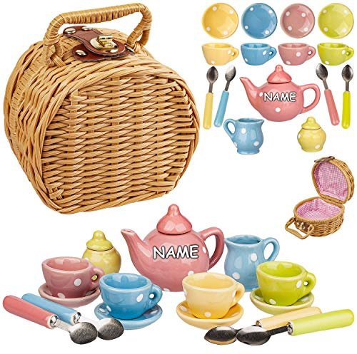 alles-meine.de GmbH 18 TLG. großes Set Picknick Korb - Puppengeschirr/Kaffeeservice & Teeservice - Bunte Punkte - inkl. Name - Geschirr Porzellan/Keramik - Porzellangeschir..