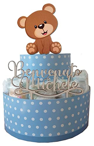 Torta di Pannolini personalizzabile con soggetto a scelta idea regalo utile per la nascita o battesimo bambino bebè con decorazione e topper in legno personalizzato (Orsetto)