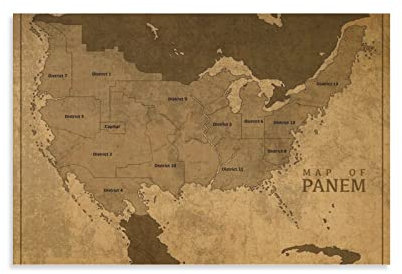 Map of Panem Hunger Games-Poster, dekoratives Gemälde, Leinwand-Wandposter und Kunstdruck, modernes Familienschlafzimmer-Dekor-Poster, 60 x 90 cm, Karte von Panem Hunger Games, Karte von Panem Hun