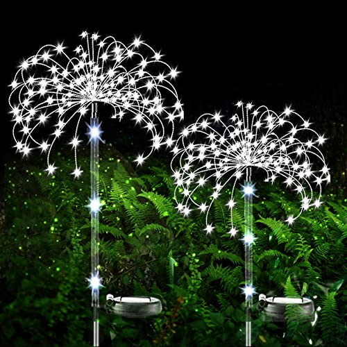 eaaerr Solarleuchten für den Garten, 2 Stück 120 LEDs dekorative Sternenlichter für den Außenbereich Solar-Gartenspieß Solar Feuerwerk Lichter für Terrasse, Rasen, Hinterhof, Hochzeit (kaltweiß)