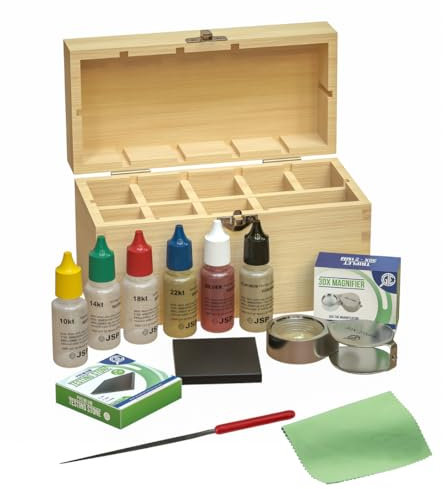 GTE Edelmetall-Schmucktest-Set, Gold, Silber, Platin, Testsäuren, Holzbox, 30 x Augenlupe, 10 K, 14 K, 18 K, 24 K, Nadelfeile