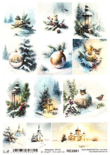 Josys Bastelmärchen Reispapier A4 Strohseide Decoupage Weihnachten Schnee Kugel Laterne RE2881