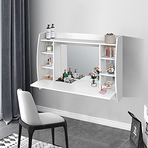 ML-Design Wandschminktisch Weiß, Frisiertisch mit Spiegel und 6 Ablagefächern, 110 x 75 x 48,5 cm, Kosmetiktisch für Damen & Mädchen, Frisierkommode aus MDF Holz, Schminktisch Wandtisch Make-up Tisch