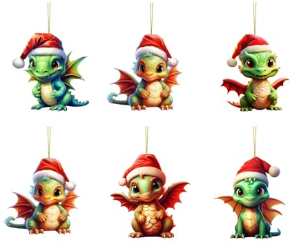 6PCS Drachen Weihnachtsdeko Anhänger, 2D Acryl Drachen Weihnachten Deko, Lustig Drachen Hängende Weihnachtsschmuck Zubehör Acryl Drachen Auto Anhänger Christbaumschmuck (Green, One Size)