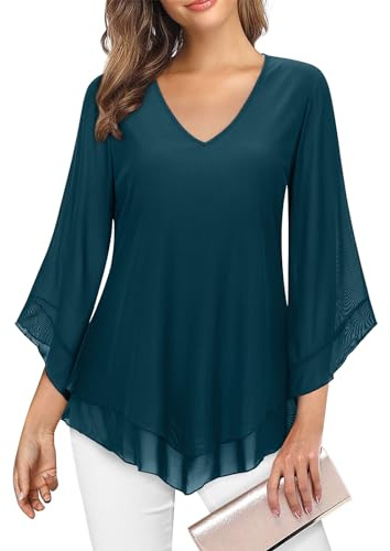 Gemulate Womens Blouses Ruffle 3/4 Sleeve Tunic Tops Loose Flowy V Neck Chiffon Top Double Layers Mesh Shirts-Ink-Dark Green,M