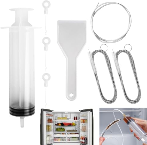 10 Stück Kühlschrank Reinigungsset, kühlschrank reiniger mit Enteisungsschaufel, Abflussloch-Entferner, Clog Remover, 100ml Wasserfüller, 1.5m Schlauch für Zuhause Kühlschränke