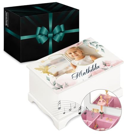 Maverton personalisierte Musik Schmuckdose mit Aufzieh-Spieluhr - Schmuckkästchen Ballerina - Musikspieldose für Mädchen zur Geburt - zum Geburtstag - zu Weihnachten - ohne Schublade - Elfe