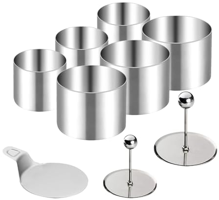 FLEAGE 6 Stück Dessertringe und Speiseringe Set,dessertringe 8cm und 6cm,servierringe Edelstahl Set,Stampfer und Mousse Schablonen für Kochen Backen Mousse