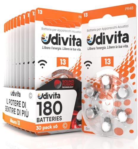 180 Batterie Per Apparecchi Acustici Udivita Misura 13 Pile Zinco Aria Senza Mercurio - 30 Blister da 6 Pile