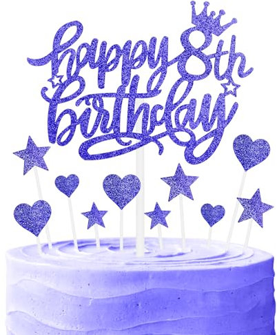 Nightfall Birthday Cake Cupcake Toppers, Blue Glitter Cake Toppers for Cake, Royal Blue Happy 8th Birthday Cake Toppers, Personalised Cake Cupcake Topper for Girls Boys 8th Birthday Cake Decorations