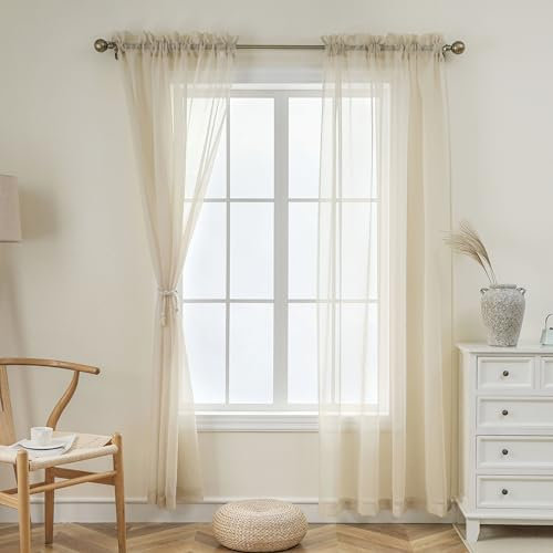 Demetex Net Curtains 84 inches Drop for Windows Linen Sheer Curtains with Rod Pocket Voile Curtain for Living Room Bedroom Set of 2, 137x213 cm, Linen