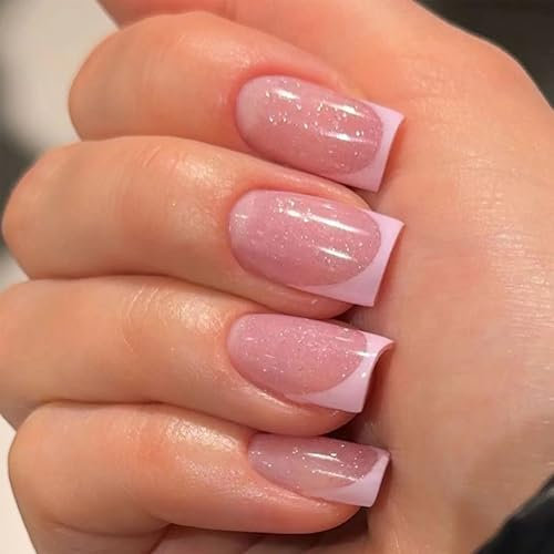 24 Stück Französischer Nägel Zum Aufkleben, Pink mit Glitzer Natürlich Acrylnägel mit Gelee-Kleber, Glossy Künstliche Nägel Selbstklebende Press On Nails für Frauen Nail Art (Pink Shiny, 24x)