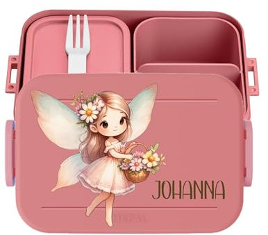 wolga-kreativ Personalisierte Kinder Bento Brotdose mit Fächern Fee Blumen für Mädchen mit Unterteilung für Schule und Kindergarten - Geschenk zur Einschulung