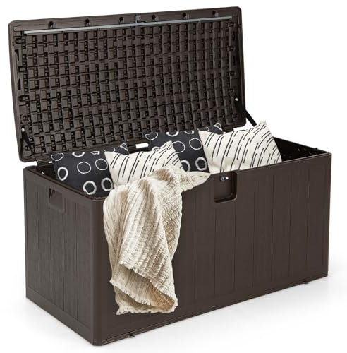 HOMASIS 400L Auflagenbox wetterfest, XXL Gartenbox aus HDPE, abschließbar Aufbewahrungsbox mit Deckel & Griff, Kissenbox Kissentruhe Auflagentruhe Gartentruhe Terrassenbox Outdoor, 128x62x64cm, Braun