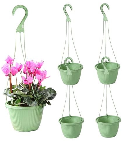 5Pcs Hanging Baskets Plastic Flower Pot Wall Hanging Planters Plant Holder with Hook for Garden Indoor Outdoor Plant Green