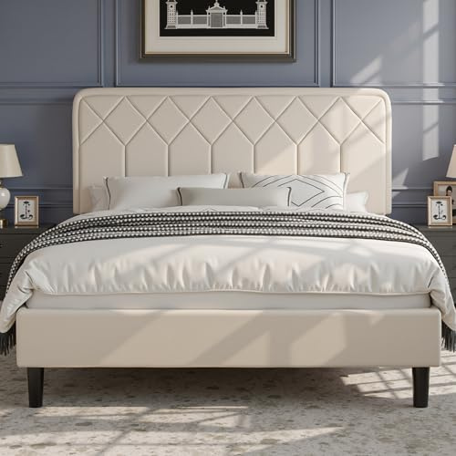 VECELO Doppelbett, gepolstert, 140 x 190 cm, Plattformrost, Lattenrost aus robustem Holz, kein Boxspringbett erforderlich, Velours-Stoff, einfach zu montieren, Beige