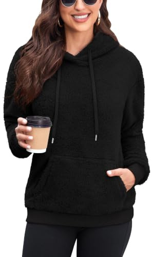 Neineiwu Damen Pullover Teddy Hoodie Fleece Sweatshirt Loose Oberteile | mit Tasche,Kuschelig Warm,Elastisch,Casual,Für Alltag & Reisen,Winter