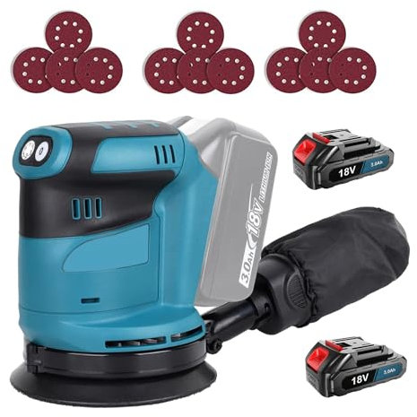 Cordless Orbital Sander for Makita 18V 3.0AH Battery*2 Random Orbital Sander, 11000RPM 6 Variable Speeds, 12Pcs Sandpapers, Electric with Dust Collection