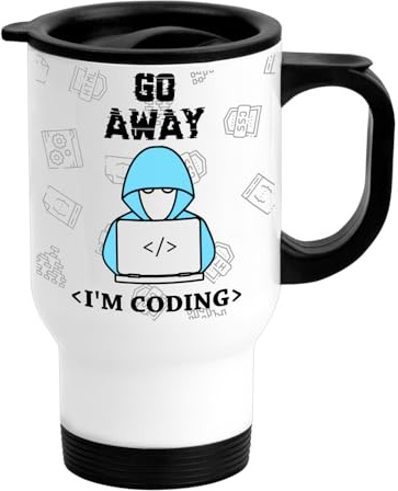 EnvyFone Travel Mug Cup - Go Away I'm Coding - Stainless Steel 14oz - Thermal-Lined - Gift