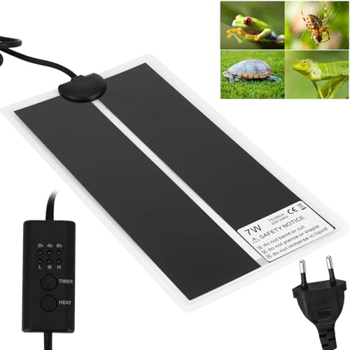 ALLOMN Reptilien Heizkissenmatte, Einstellbare Reptilien wärmematte Wärmekissen Thermostat mit Temperaturregelung Timer für Haustiere Turtle Snakes Lizard Gecko Spinne(Einfarbig 7W-15x28cm)