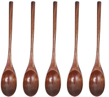 JIHUOO 5 Pcs Long Handle Wooden Spoons Teaspoons Large Wood Soup Spoons Nonstick Stirring Spoons Big Table Spoons Cooking Eating Spoons Japanese Style Kitchen Utensils