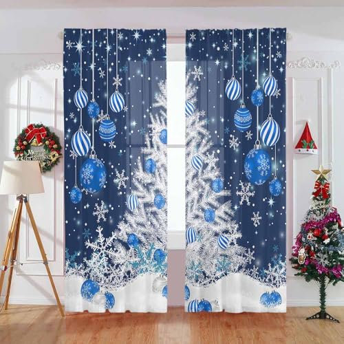 Durchsichtige Weihnachtsvorhänge für Wohnzimmer, 2 Paneele, Weihnachtskugeln, Tannenbaum, Schneeflocke, marineblau, Voile, Fenstervorhänge, Lichtfilterung und Privatsphäre, Winterurlaub,