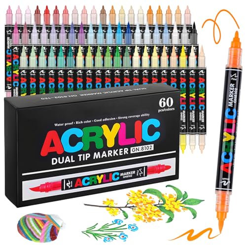 60 Couleurs Marqueur Peinture Acrylique Double Pointe, Feutre Acrylique pour Coloriage Adulte & Mystère, Stylo Peinture avec Pointe Pinceau (0.5-4.5mm) et Pointe Fine (1mm) – Feutre pour Verre, Bois