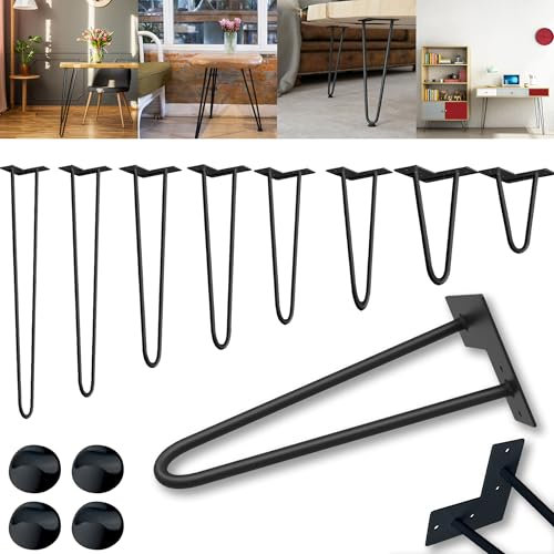 XMTECH 4er Set Hairpin Legs Tischbeine 61cm mit 2-Stange Bein Schwarz, Haarnadel Möbelfüße mit Bodenschoner und Schrauben, DIY Tischkufen Haarnadelbeine