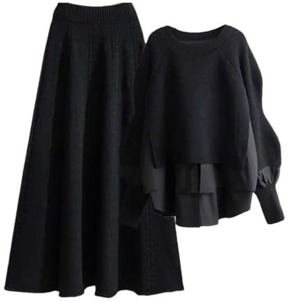 Bollrllr Damen Strickset, schlankmachend, gefälschter zweiteiliger Strickpullover, altersreduzierend, halber Rock, zweiteiliges Set, Zweiteiler 06, XXL