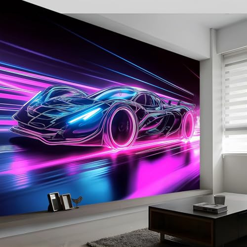 Papier Peint Intissé 200 x 140 cm Panoramique Voiture de Sport de Luxe Fantastique Chambre Déco Photo Murale Décorative, Rose Bleu Tenture Murale pour Appartement Décoration Salon