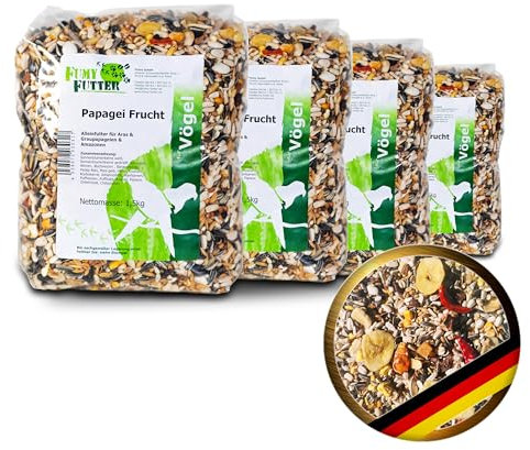 FumyFutter Papagei Frucht-Mix, mit Früchten, Nüssen und Chilis, für Aras, Graupapageien und Amazonen, 6kg, 4X 1,5kg Beutel